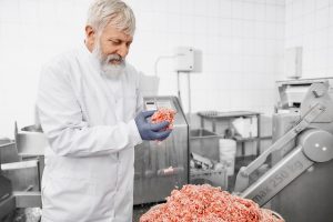 Experienced worker handling ground meat in a processing facility. Workvantage supplies skilled labor to enhance production in meat processing operations.