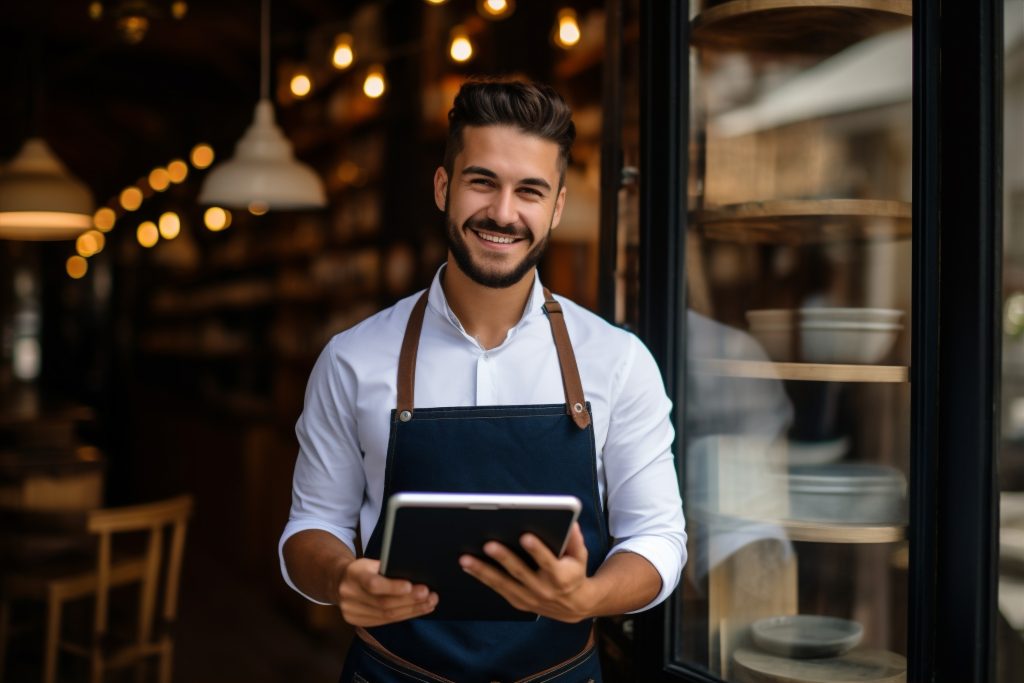 Smiling waiter with a tablet at the entrance of a restaurant, highlighting technological management and customer service in the hospitality sector at Workvantage.