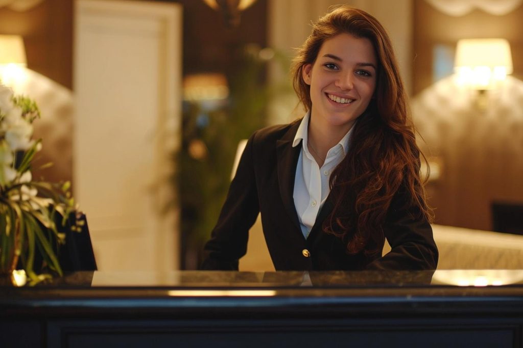 Smiling receptionist at the front desk of a luxury hotel, highlighting customer service and professionalism in the hospitality sector at Workvantage.