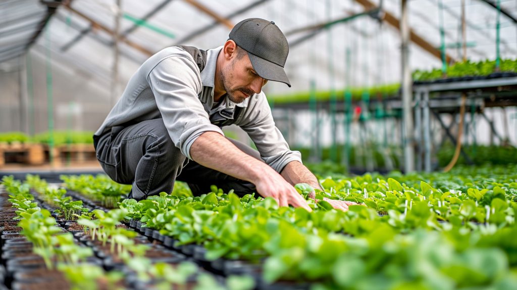 Greenhouse worker inspecting growing seedlings, highlighting the specialized agricultural staffing solutions for greenhouses provided by Workvantage.
