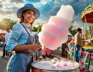 Young woman selling cotton candy at an outdoor fair, representing jobs in the entertainment and seasonal events industry.