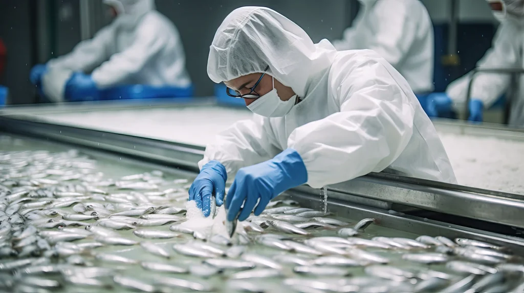 Workvantage employee inspecting fish during processing, ensuring high-quality standards and efficient seafood handling in a sterile environment.