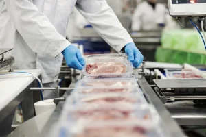 Worker packaging fresh meat in a processing facility. Workvantage provides reliable workforce solutions to ensure efficient and high-quality meat packaging.