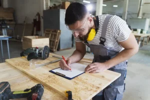 Carpenter taking measurements and writing on a wooden board, highlighting the skilled construction staffing solutions provided by Workvantage.