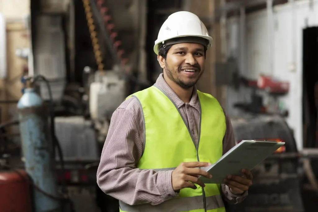 Construction supervisor smiling and holding a clipboard on a building site, highlighting the specialized project supervision staffing services provided by Workvantage.