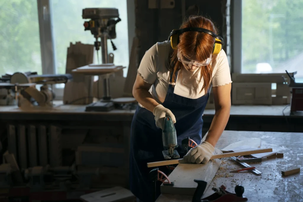 Carpenter performing specialized skilled trades work in a woodworking shop.