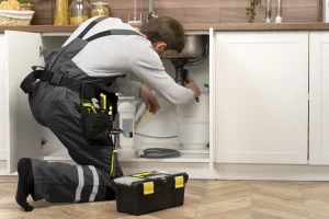 Plumber performing specialized skilled trades work under a kitchen sink with professional tools.