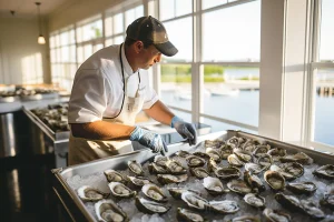 Workvantage worker expertly handling oysters, emphasizing quality and specialized seafood processing services.