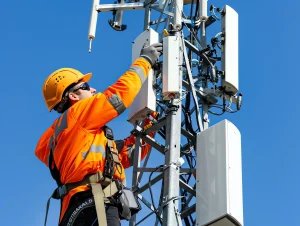 Technician installing equipment on a telecommunications tower. Workvantage provides skilled technicians for the telecommunications industry, ensuring businesses have reliable staff for installation and maintenance of essential infrastructure.