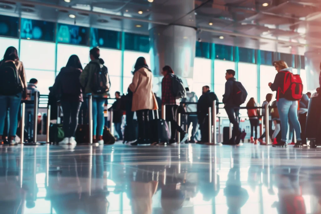 A group of people standing in line at an airport, representing the process of foreign workers arriving in Canada with the assistance of Workvantage for LMIA applications and work permits.