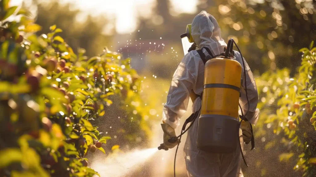 Travailleur agricole pulvérisant des pesticides dans un verger, illustrant les défis et la préparation nécessaire pour le recrutement saisonnier efficace dans l'industrie agricole.