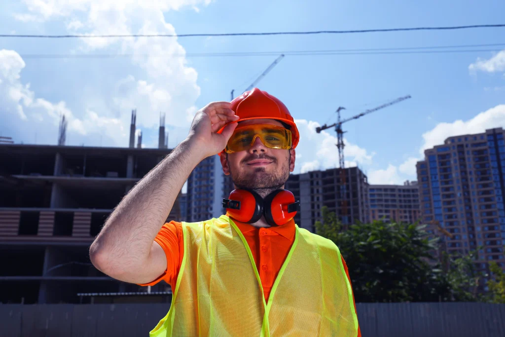 Construction worker wearing safety gear, including a hard hat and reflective vest, standing in front of a construction site, representing Workvantage's assistance in hiring foreign workers for the construction industry through LMIA services.