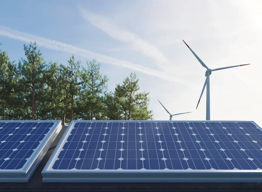 Panneaux solaires et éoliennes dans un paysage naturel, symbolisant l'engagement de Workvantage envers des pratiques agricoles durables et l'énergie renouvelable.