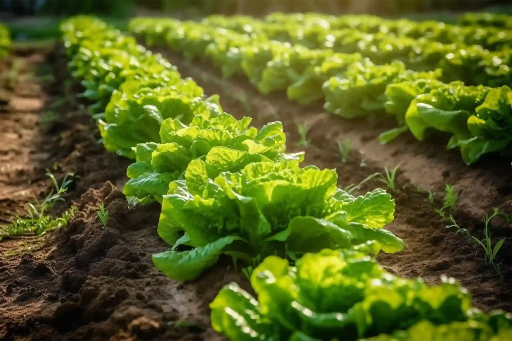 Champ de laitues fraîches en croissance, illustrant les solutions agricoles de Workvantage pour une production durable au Canada en 2024.