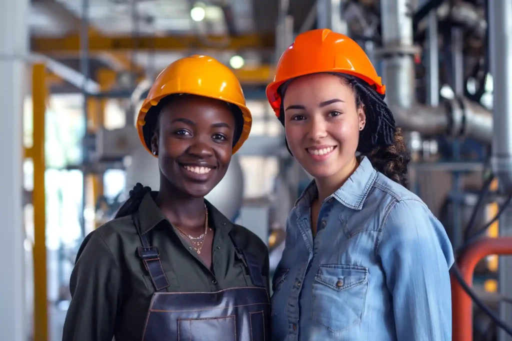 Two young women wearing safety helmets smile in an industrial setting, illustrating diversity and inclusion in Canada's industrial sector.