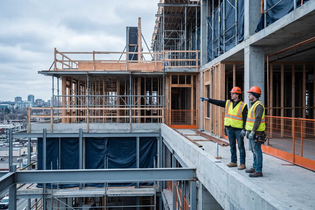 Construction workers discussing the structure on a Canadian building site, where provincial immigration streams differ by region