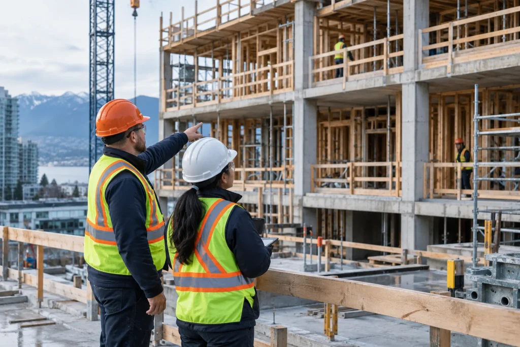 Two construction workers in hard hats and high-visibility vests reviewing the timber framing of a mid-rise building site in Canada