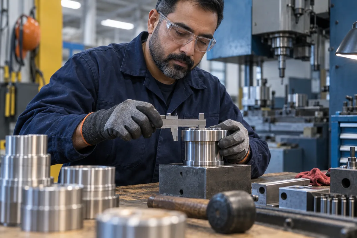 Skilled worker measuring a machined metal part at a workbench in a Canadian plant, building Canadian work experience