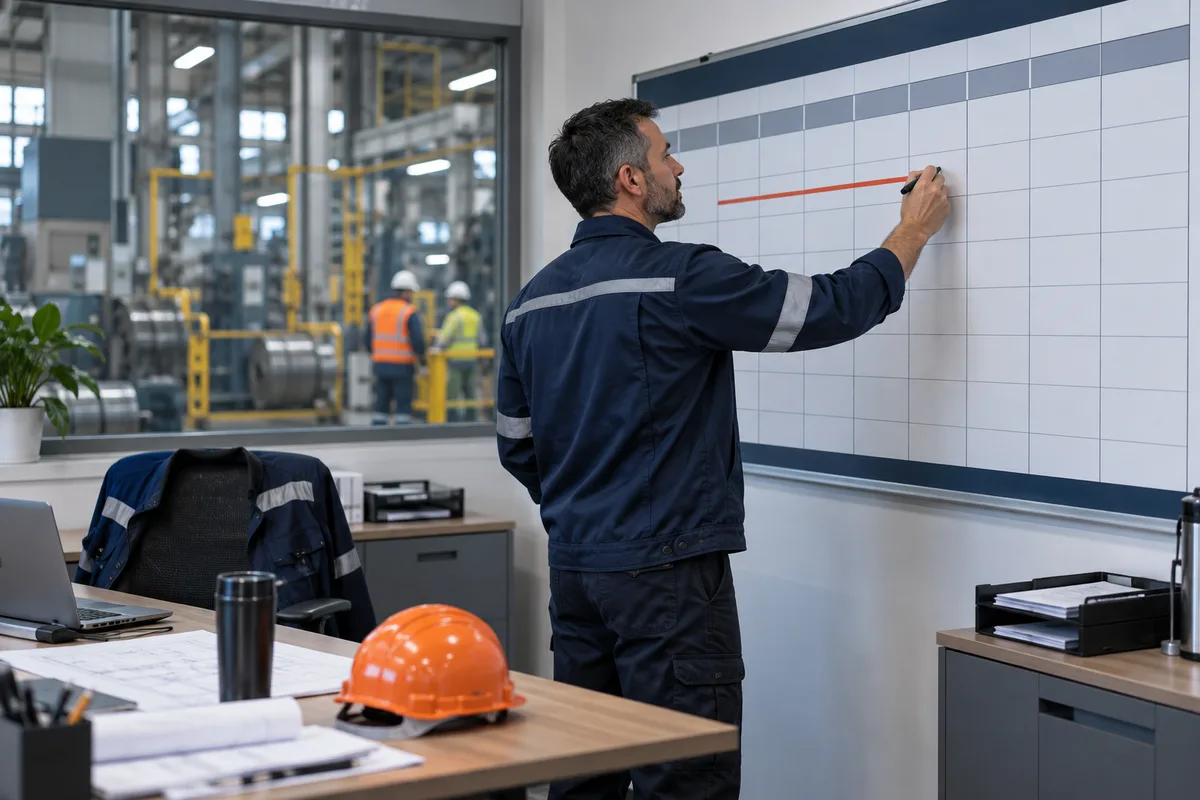 Operations manager marking a wall planner in a plant office while planning a worker's transition to permanent residence