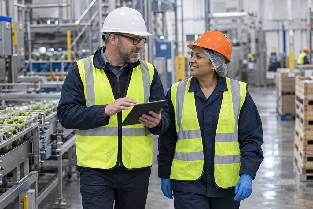 Supervisor and worker walking through a Canadian processing plant reviewing staffing records on a tablet