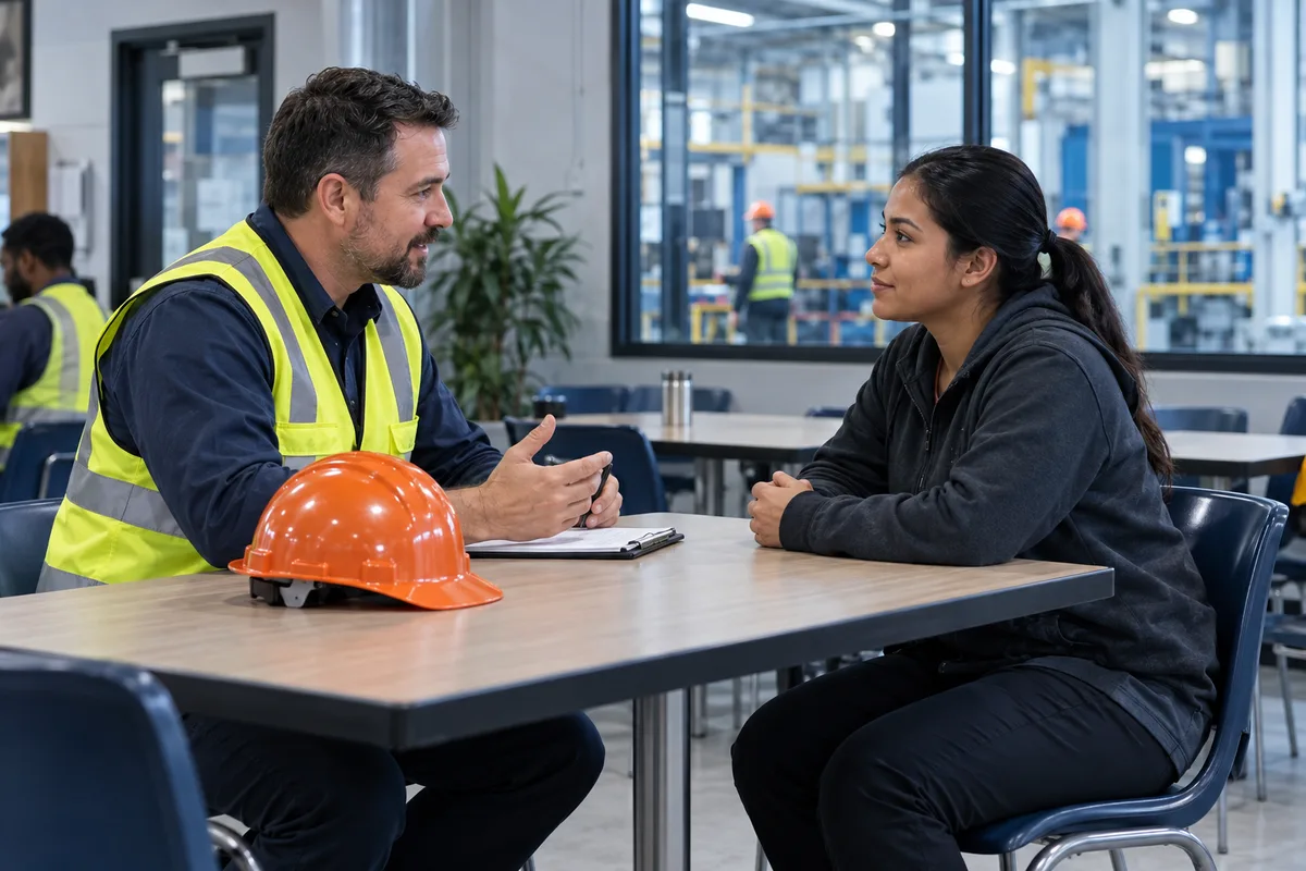 Supervisor interviewing a local candidate in a plant break room during the mandatory recruitment period