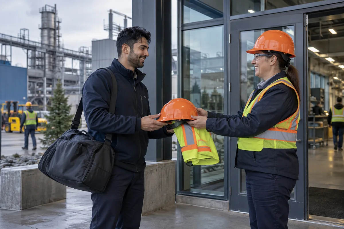 New worker arriving at a Canadian plant and receiving a hard hat and safety vest on his first day