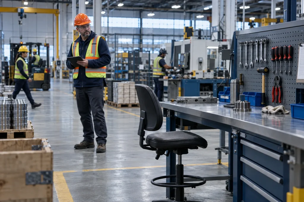 Unstaffed workstation on a Canadian plant floor while a supervisor waits for a new hire
