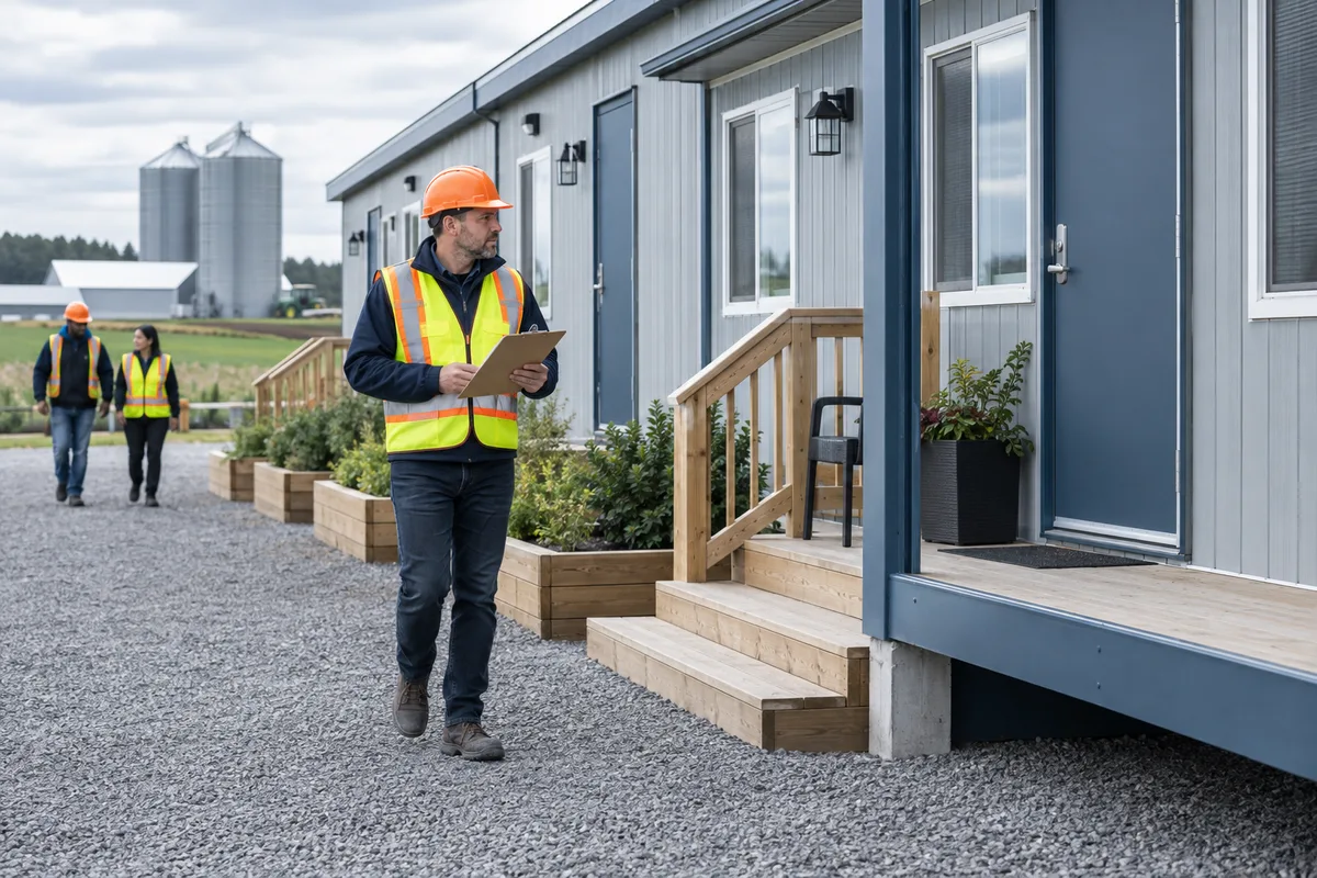 Supervisor inspecting a well-kept modular worker residence beside a Canadian farm