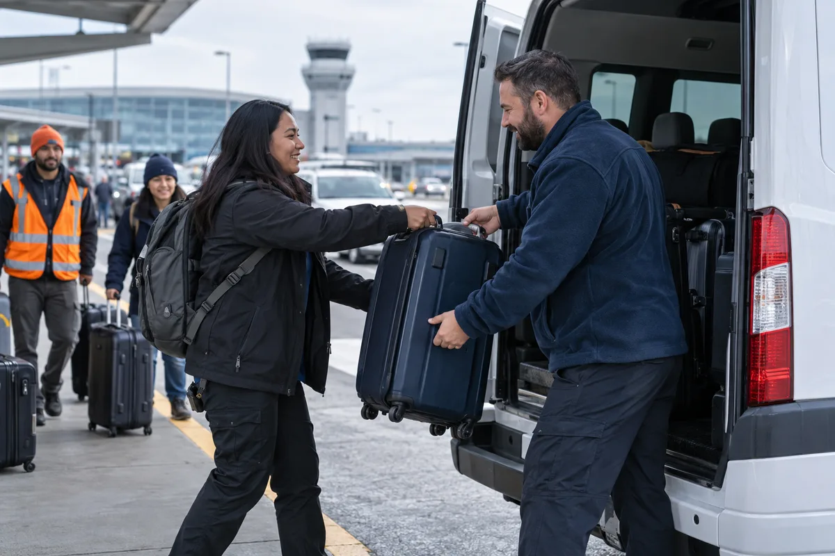 Seasonal worker arriving at a Canadian airport as his suitcase is loaded into the employer's van
