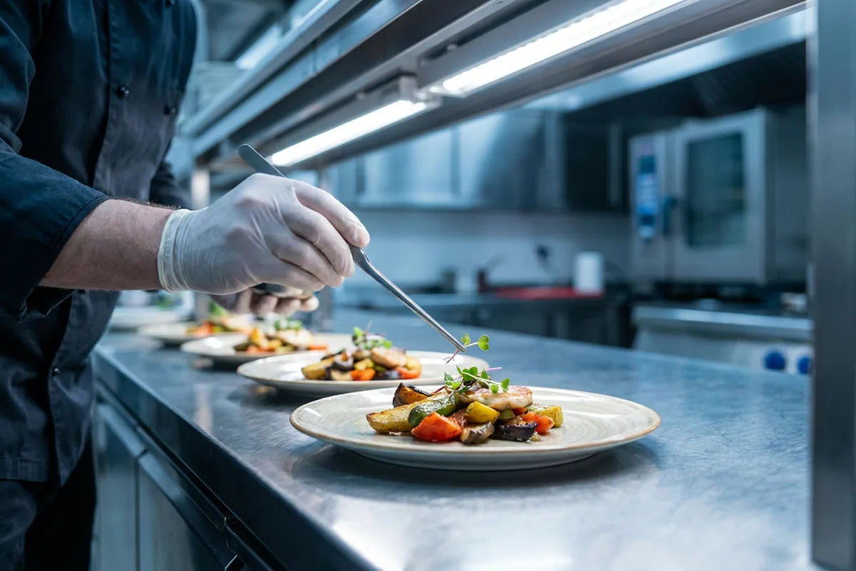 Gloved hand finishing plates with tweezers on the stainless steel pass of a restaurant kitchen