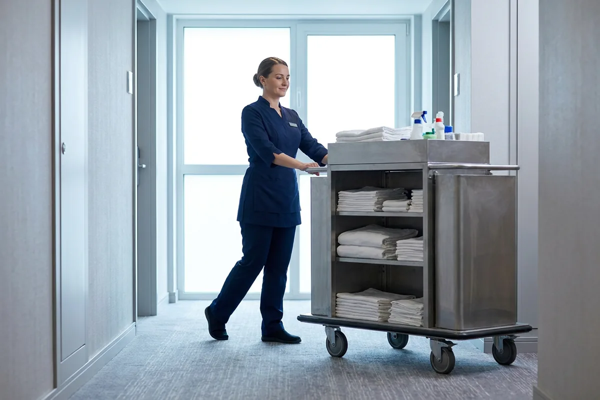 Housekeeper pushing a linen cart down a bright hotel corridor