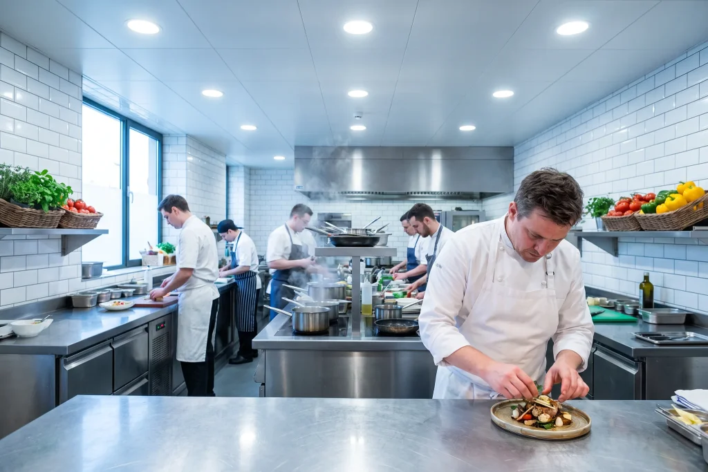 Chef plating a dish in a bright restaurant kitchen while the line cooks work behind him