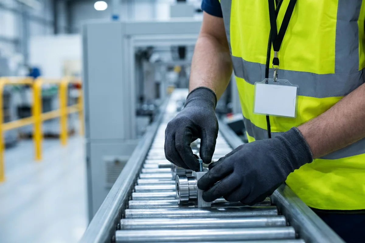Gloved hands of a worker in a hi-vis vest adjusting a part on a production line