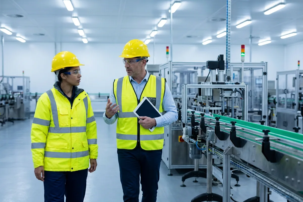 Supervisor and worker in hard hats walking through a bright production plant