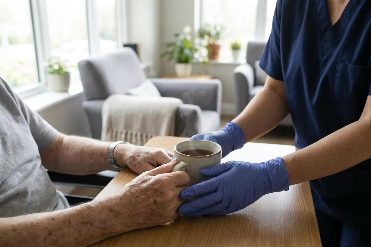 Gloved hands of a care worker helping an older resident hold a cup of tea