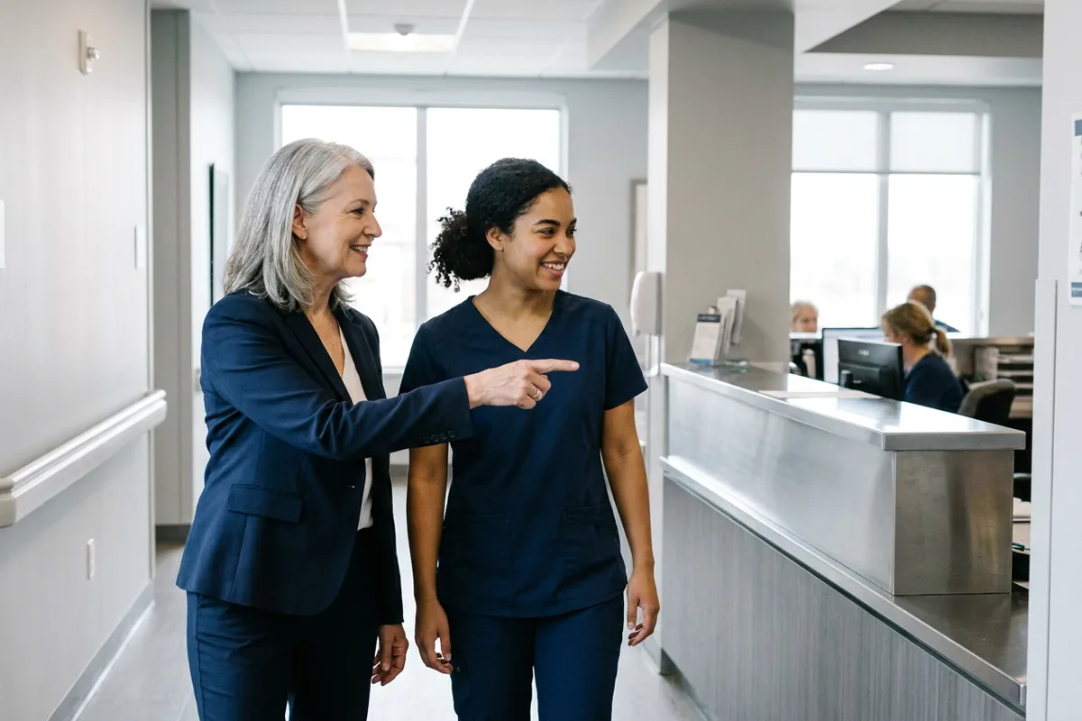 Care home manager showing a newly hired care worker around on her first day
